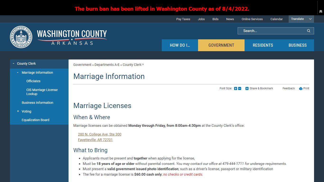 Marriage Information | Washington County, AR